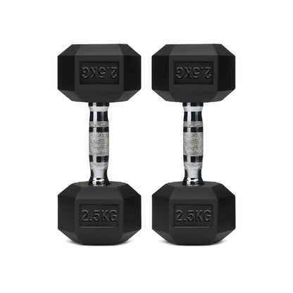 Rubber-coated hex dumbbell pair, black 2.5kg weights with chrome handles