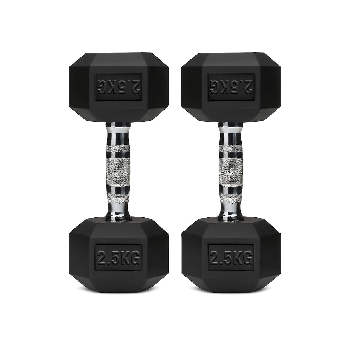 Rubber-coated hex dumbbell pair, black 2.5kg hex heads with chrome handles