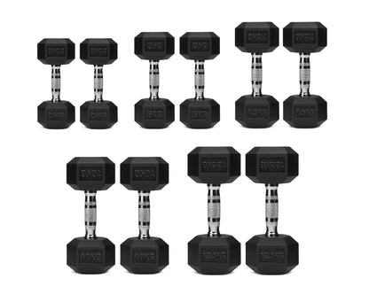 Assorted black rubber hex dumbbells with knurled chrome handles and weight labels