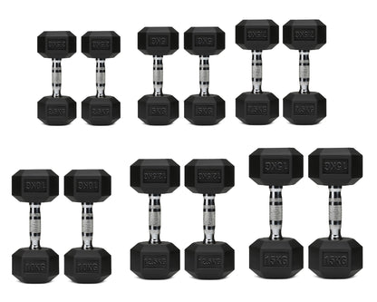 Assorted black rubber hex dumbbells set with knurled chrome handles and weight labels