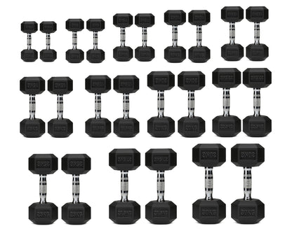 Large assorted set of black rubber hex dumbbells with knurled chrome handles