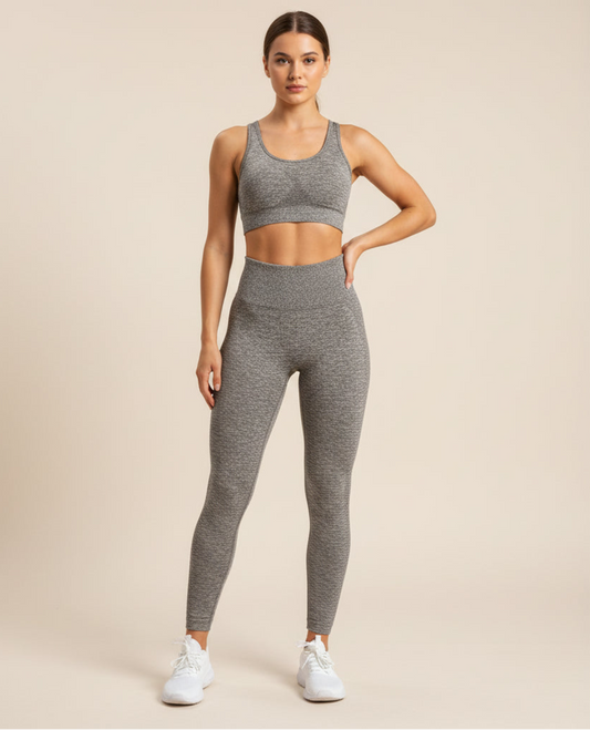 Gray leggings on a checkered surface