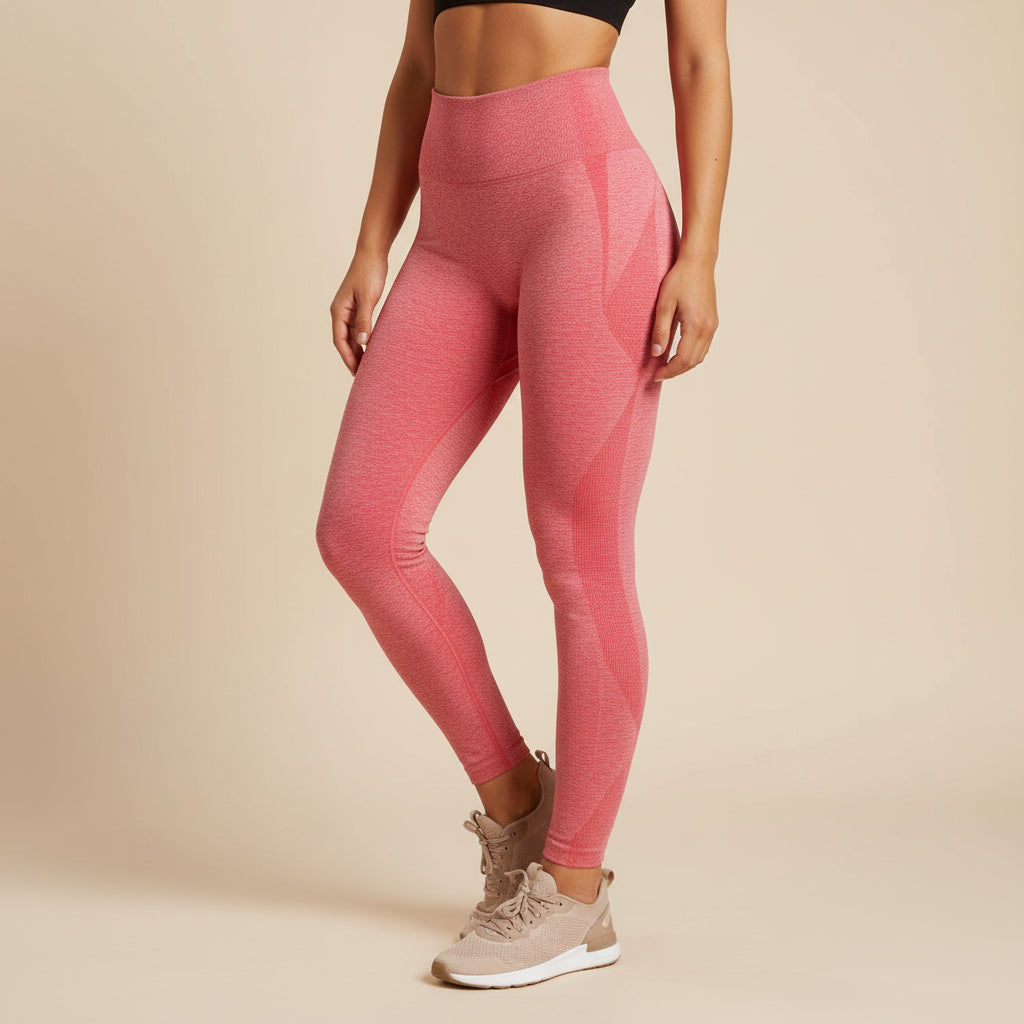 Person wearing pink leggings and beige sneakers on a beige background