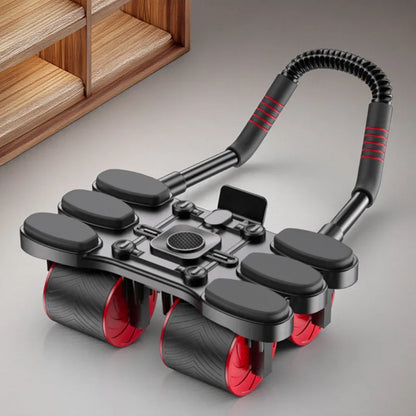 Black and red exercise tool on a gray surface with wooden shelves in the background