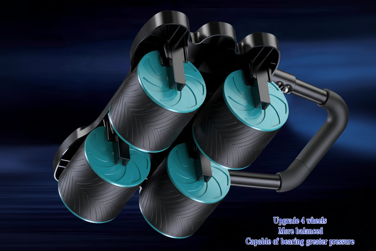 Black and teal car jack with four wheels on a dark blue gradient background