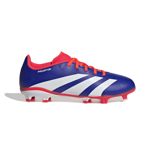 Kids football boots by adidas Predator League, blue upper with white stripes and red studs