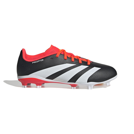 Kids football boots with black upper, red collar, white stripes, FG studs