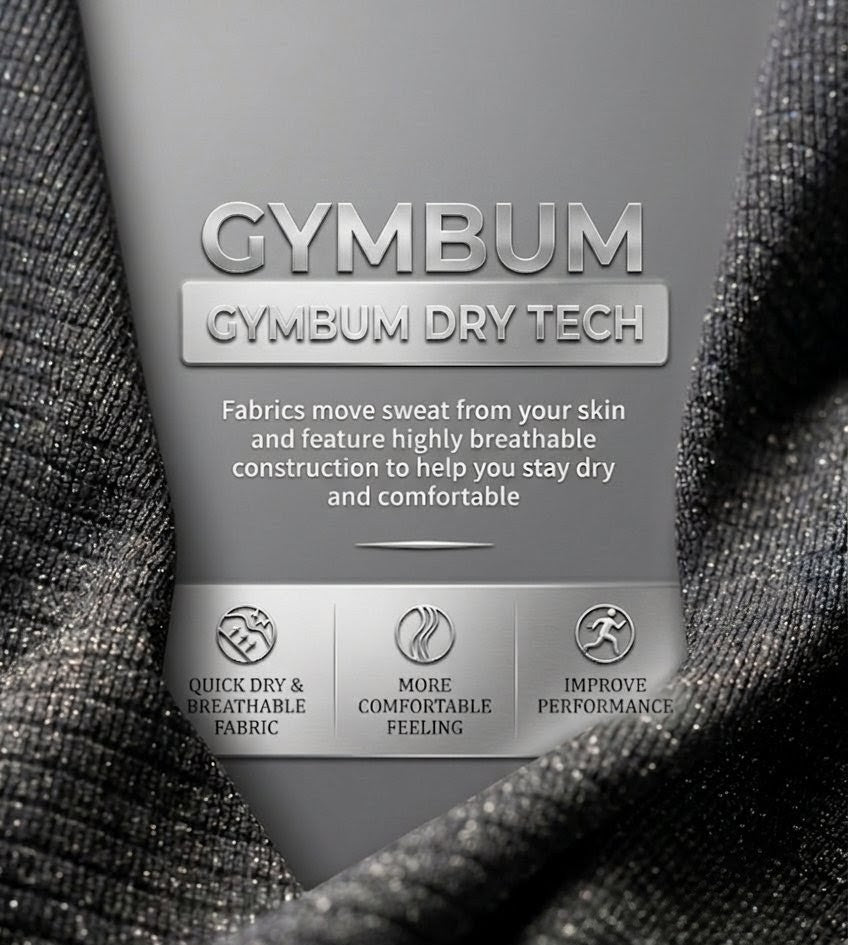 Close-up of a gray cylindrical product container labeled 'GYMBUM' and 'GYMBUM DRY TECH' with fabric texture shown around the sides, on a dark background.
