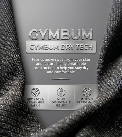 Close-up of a gray cylindrical product container labeled 'GYMBUM' and 'GYMBUM DRY TECH' with fabric texture shown around the sides, on a dark background.