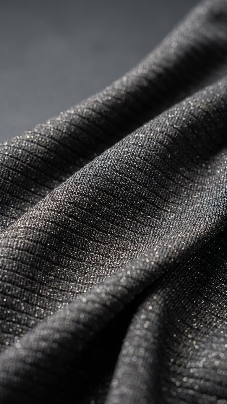 A close-up of dark charcoal gray ribbed knit fabric with a subtle metallic sheen, draped in soft folds against a dark background.