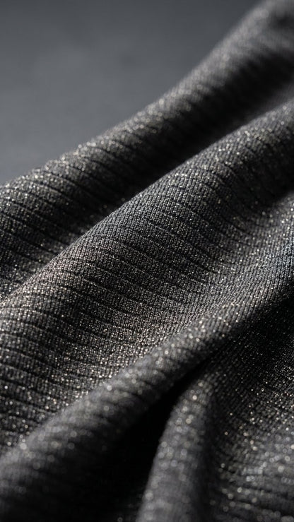 A close-up of dark charcoal gray ribbed knit fabric with a subtle metallic sheen, draped in soft folds against a dark background.