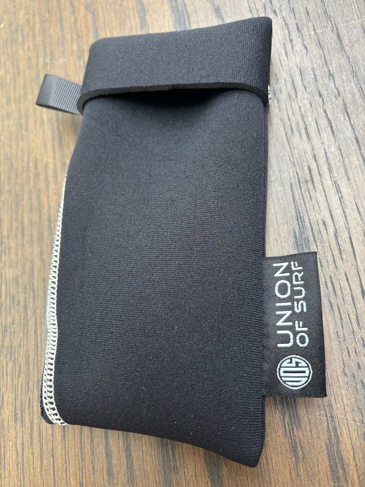 Soft sunglasses pouch, dark gray neoprene with loop strap and Union tag