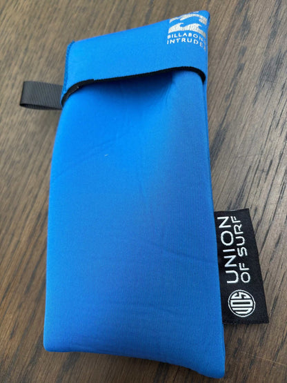 Soft sunglasses pouch, bright blue neoprene with loop strap and Union tag