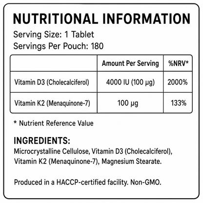Nutrition facts label for Vitamin D3 4000 IU and K2 100 mcg, serving size 1 tablet