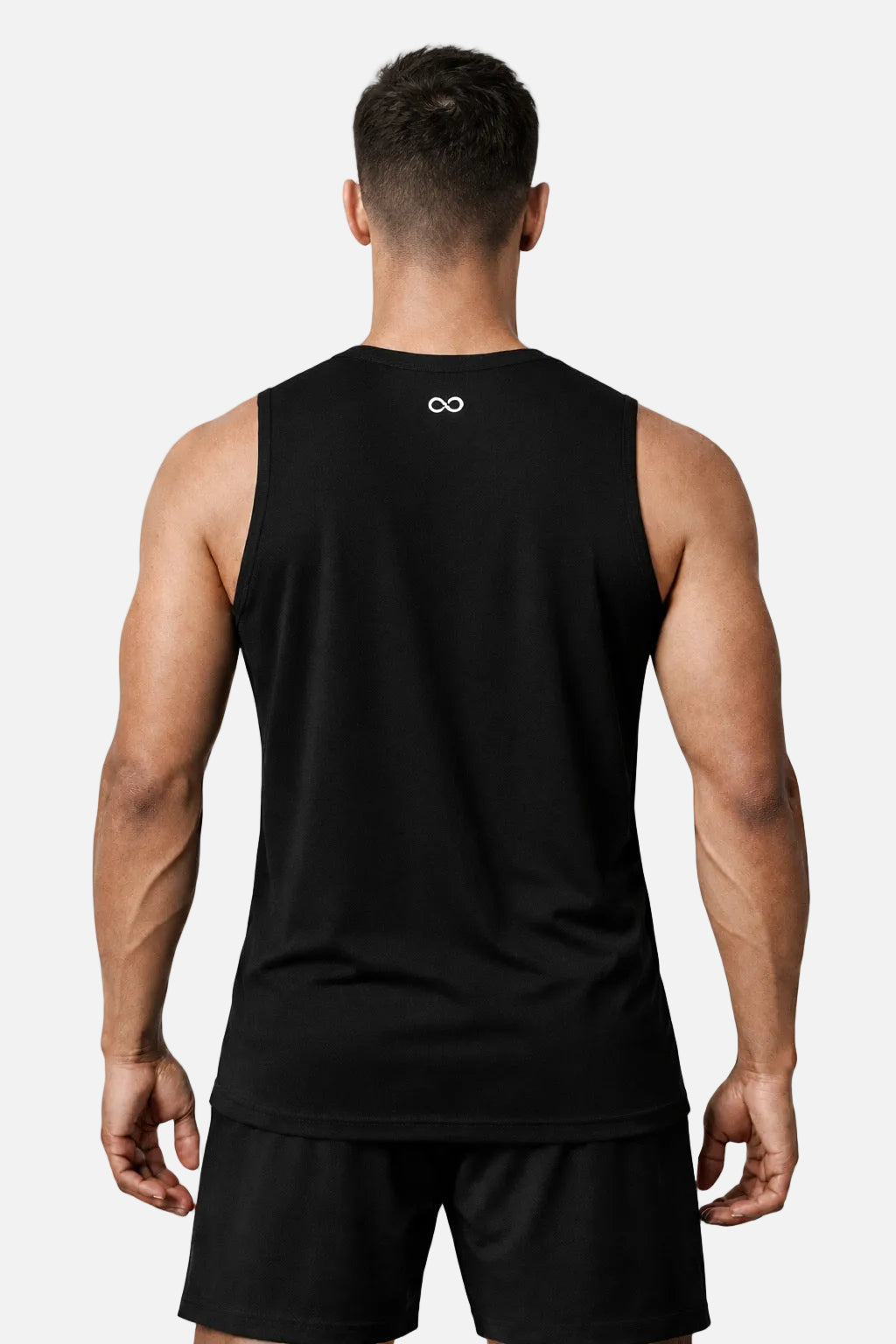 Men's muscle fit gym vest, black sleeveless racer-back style, back view