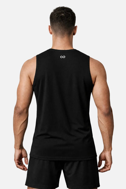 Men's muscle fit gym vest, black sleeveless racer-back style, back view
