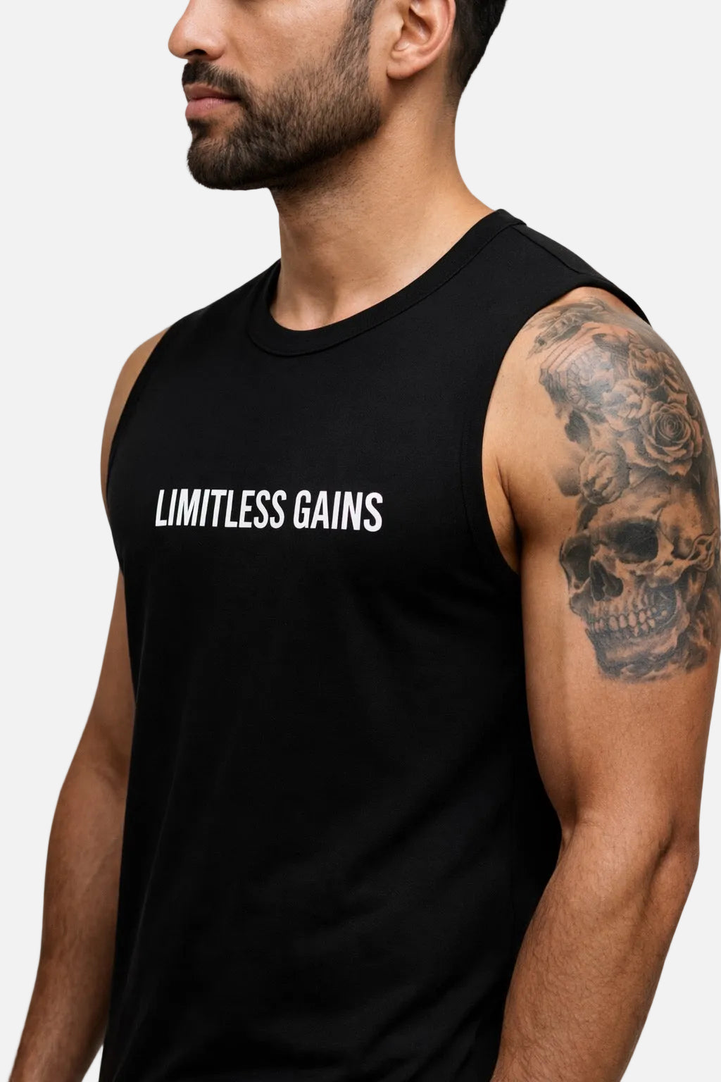 Men's muscle fit gym vest, black sleeveless crew neck with LIMITLESS GAINS front text