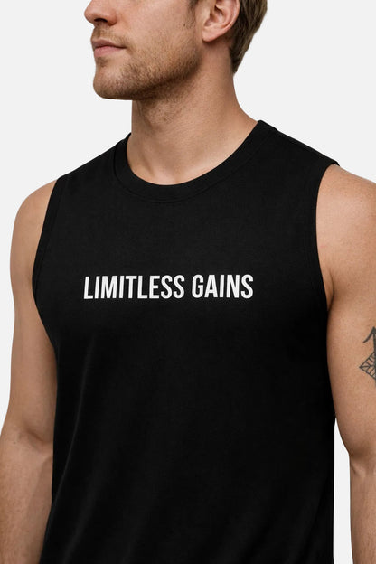 Men's muscle fit gym vest, black crew neck sleeveless with LIMITLESS GAINS chest text
