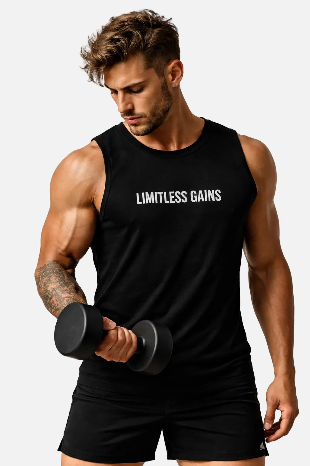 Men's muscle fit gym vest, black sleeveless crew neck, LIMITLESS GAINS chest print