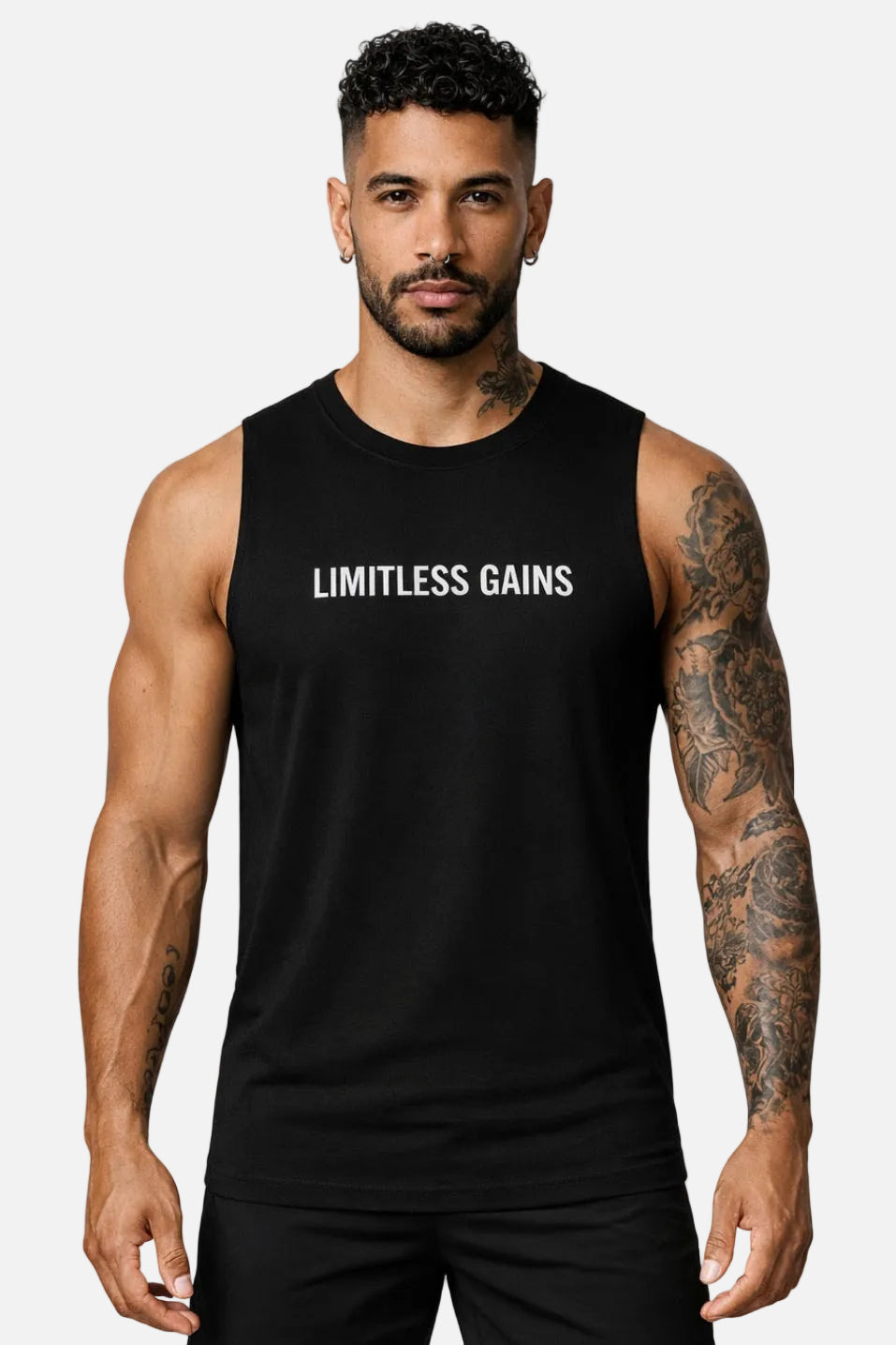 Men's muscle fit gym vest, black sleeveless crew neck with LIMITLESS GAINS logo