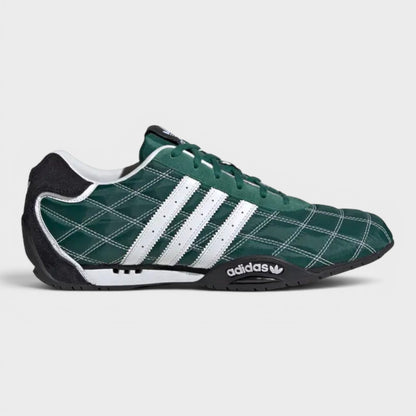 Green low-top Adidas sneakers with white triple stripes and black outsole