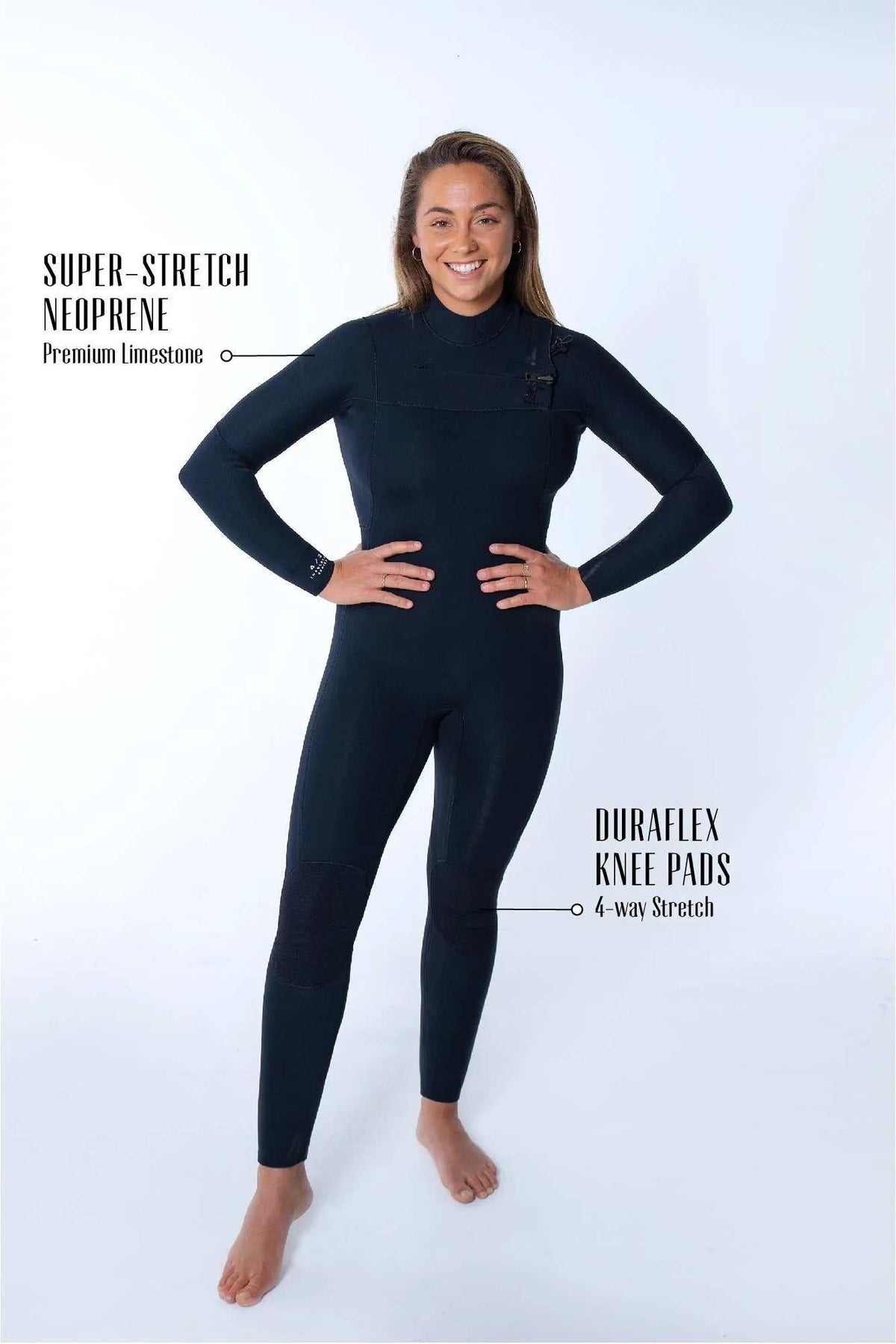 Women’s 4/3 chest zip steamer wetsuit front view in dark navy, long sleeves and legs