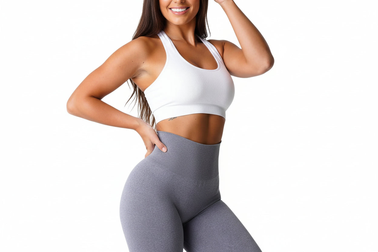 Woman wearing a white sports bra and gray leggings on a white background
