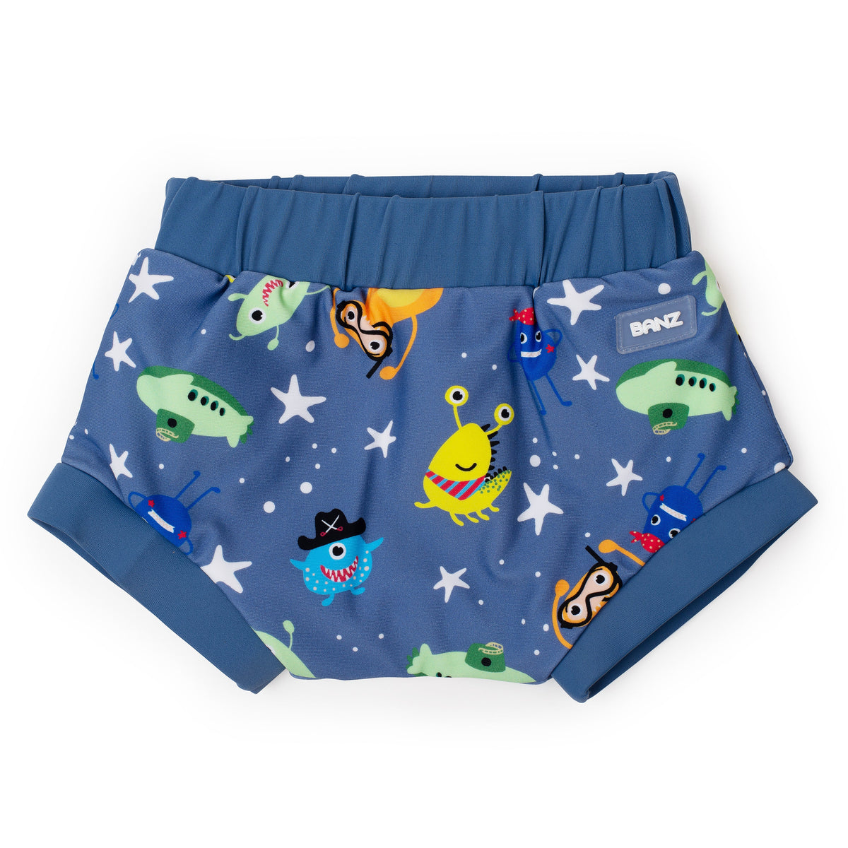 Navy swim nappy with sea animal, star and crab print