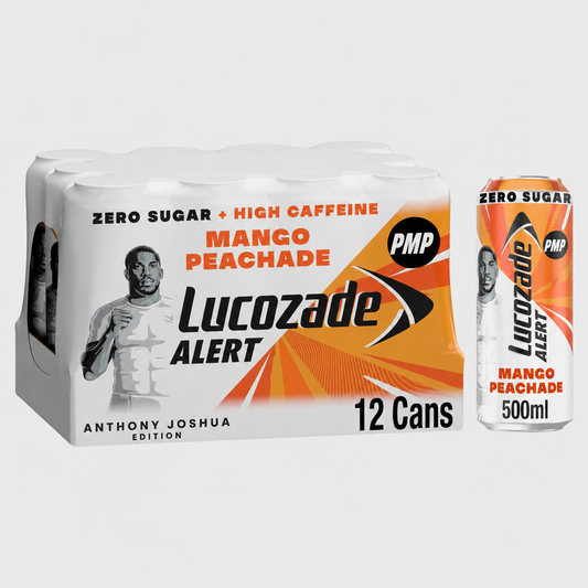 Lucozade Alert Zero Mango Peach drink case, 12 cans, 500 ml