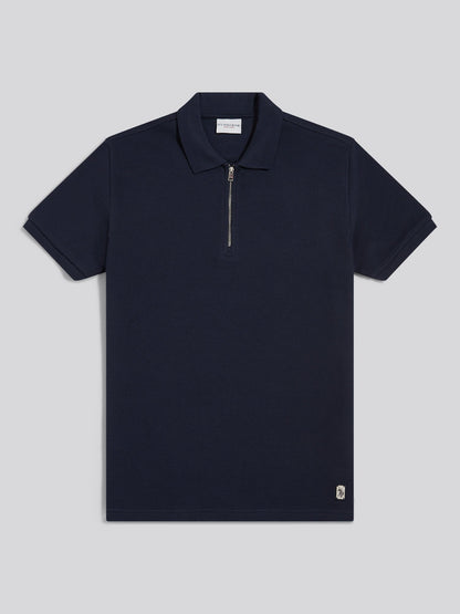 Mens Popcorn Texture Zip Polo Shirt Dark Sapphire Navy