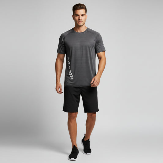 Gray t-shirt with a brand logo on a gray background