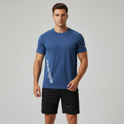 Blue t-shirt with 'NEW OUTDOOR' text on a hanger against a dark background