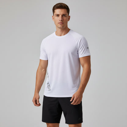 White t-shirt with text on a gray background