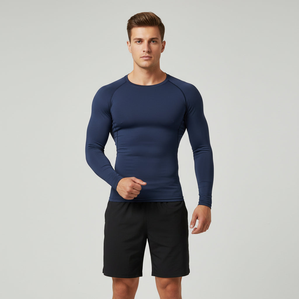 Navy blue long-sleeve athletic shirt on a white background