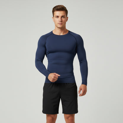 Navy blue long-sleeve athletic shirt on a white background