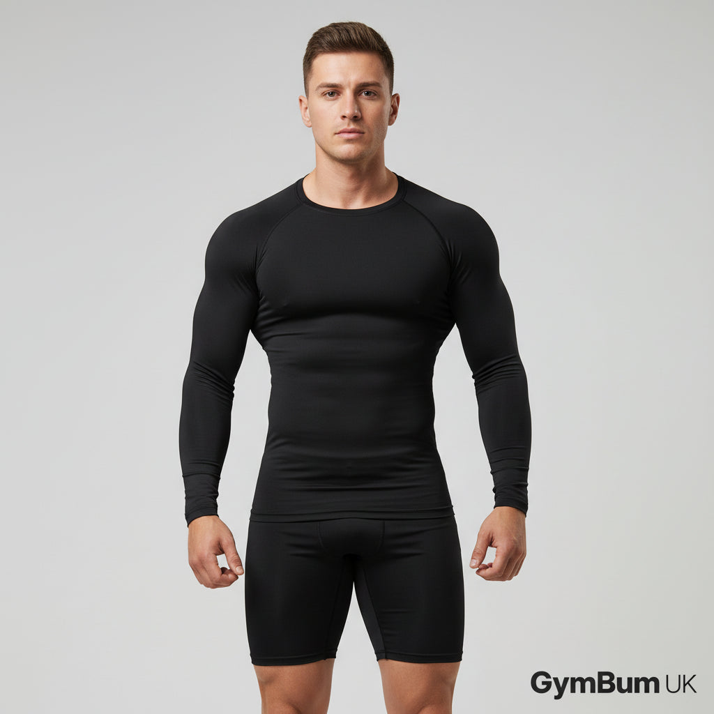 Man wearing a black long-sleeve athletic shirt and shorts on a gray background with 'GymBum UK' branding.