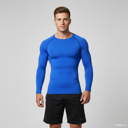 Blue long-sleeve athletic shirt on a white background