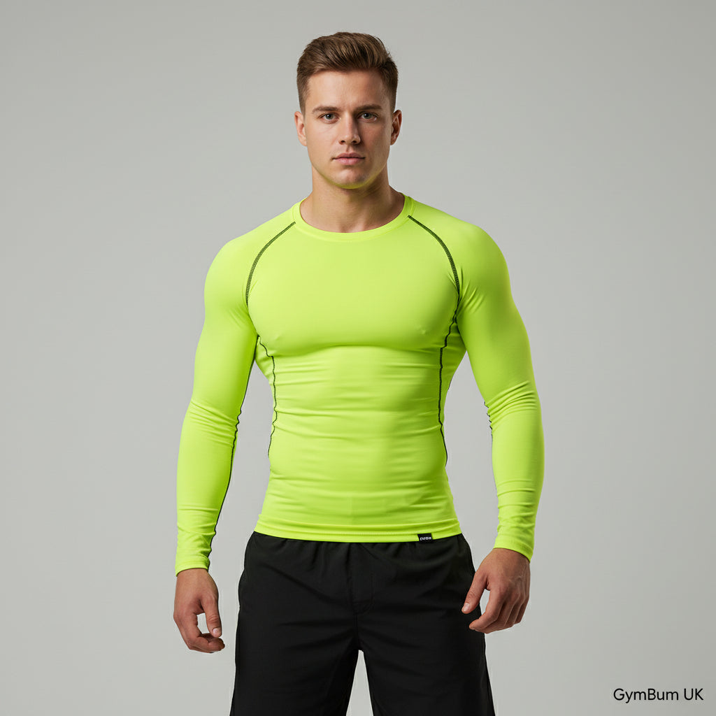 Man wearing a bright green long-sleeve athletic shirt on a gray background