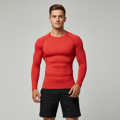 Red long-sleeve athletic shirt on a white background