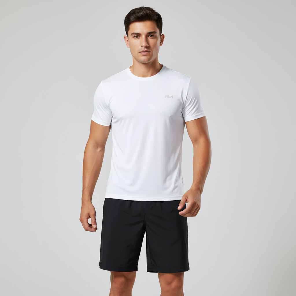 A white, short-sleeved men's sports t-shirt with a multicolor design on the sleeves.