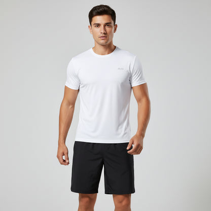 A white, short-sleeved men's sports t-shirt with a multicolor design on the sleeves.