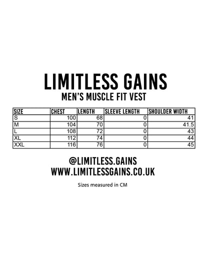 Men's muscle fit gym vest size chart with LIMITLESS GAINS branding and measurements