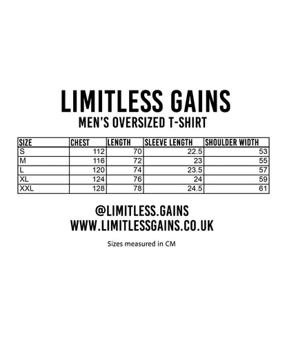 Men's oversized T-shirt size chart (S–XXL) with measurements in cm