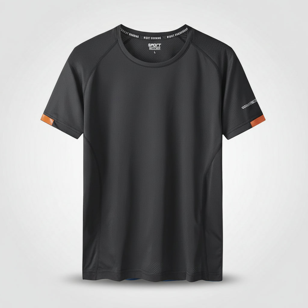 Black athletic t-shirt with orange accents on a light gray background