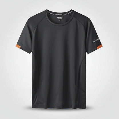 Black athletic t-shirt with orange accents on a light gray background