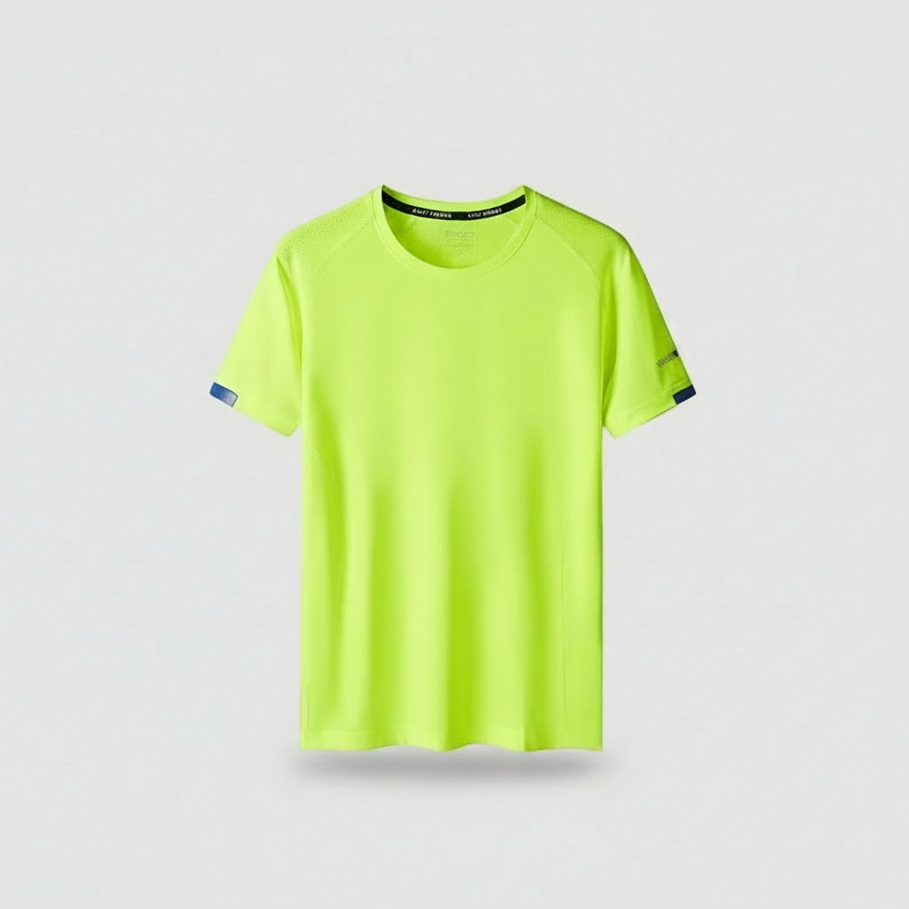 Bright green t-shirt with blue accents on a white background