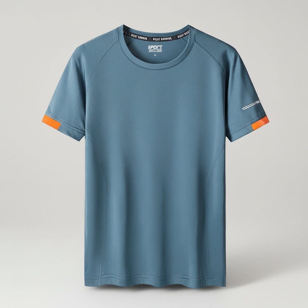 Grey Blue athletic t-shirt with orange accents on a light gray background