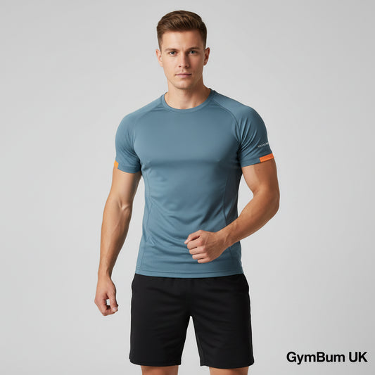 Blue athletic shirt with orange accents on a white background