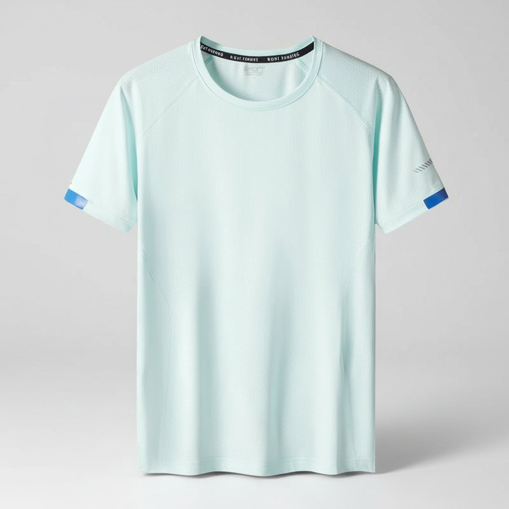 Light blue t-shirt with blue accents on a white background