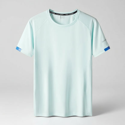 Light blue t-shirt with blue accents on a white background